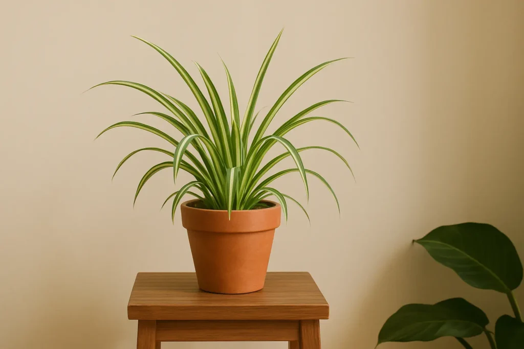 Indoor spider plant on a wooden stand, illustrating growing spider plants at home