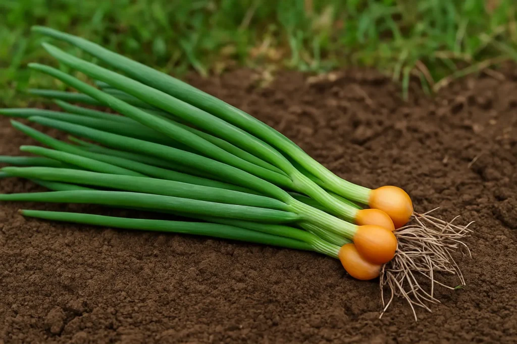 Bunch of freshly harvested onion leaves