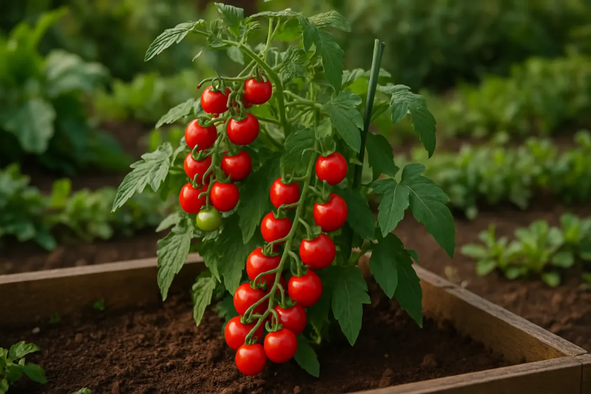 A healthy cherry tomato plant growing in a small raised bed, surrounded by rich soil and lush greenery, showcasing ripe red fruit—an ideal example of vegetable garden plants