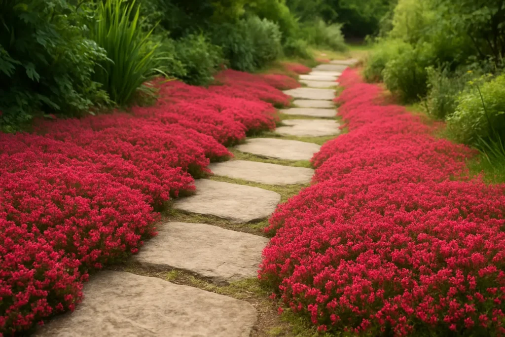 Red Creeping Thyme along a garden pathway
