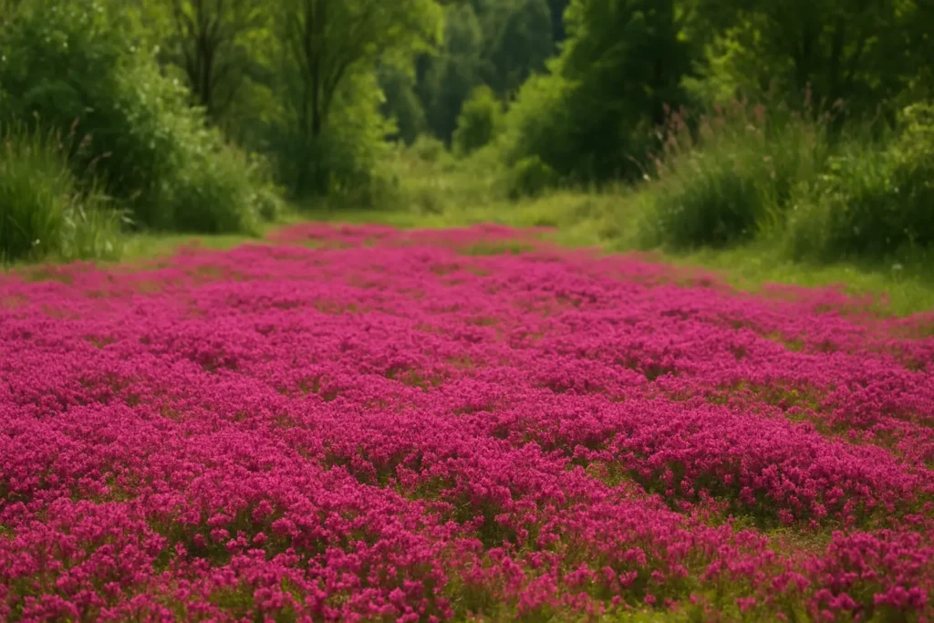 Red Creeping Thyme lawn in full bloom
