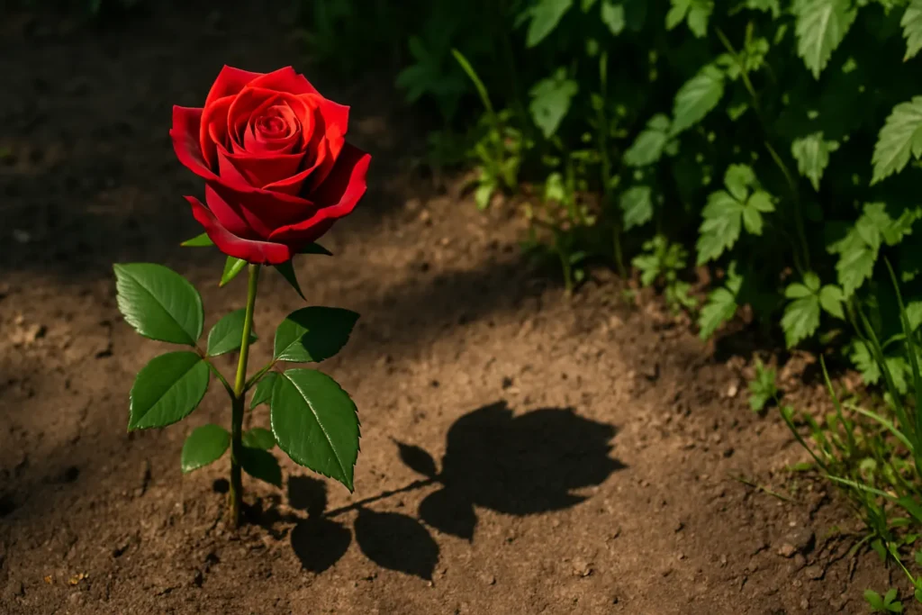 Where to plant roses sun or shade: a red rose in partial sunlight with its shadow cast on the ground