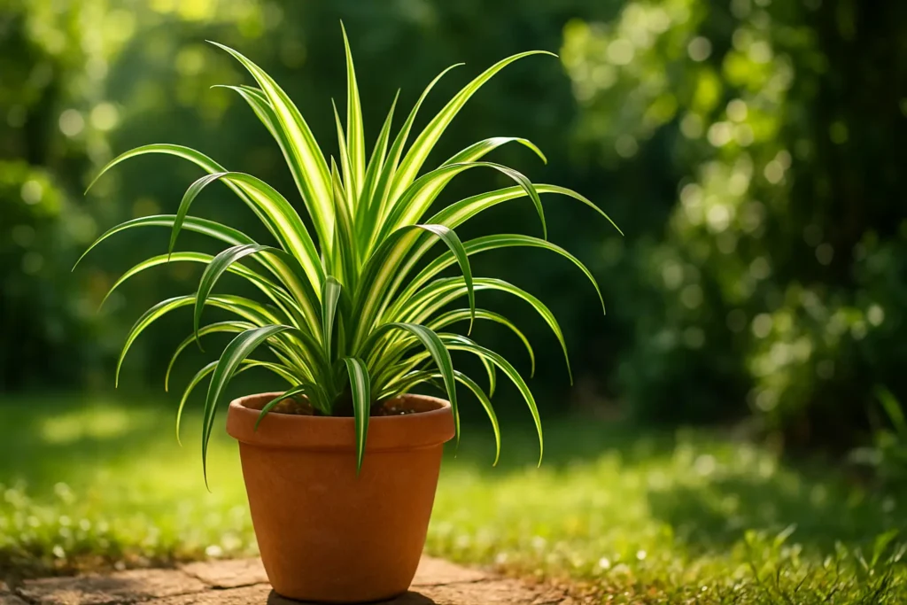 A vibrant spider plant in a terra-cotta pot basking in sunlight
