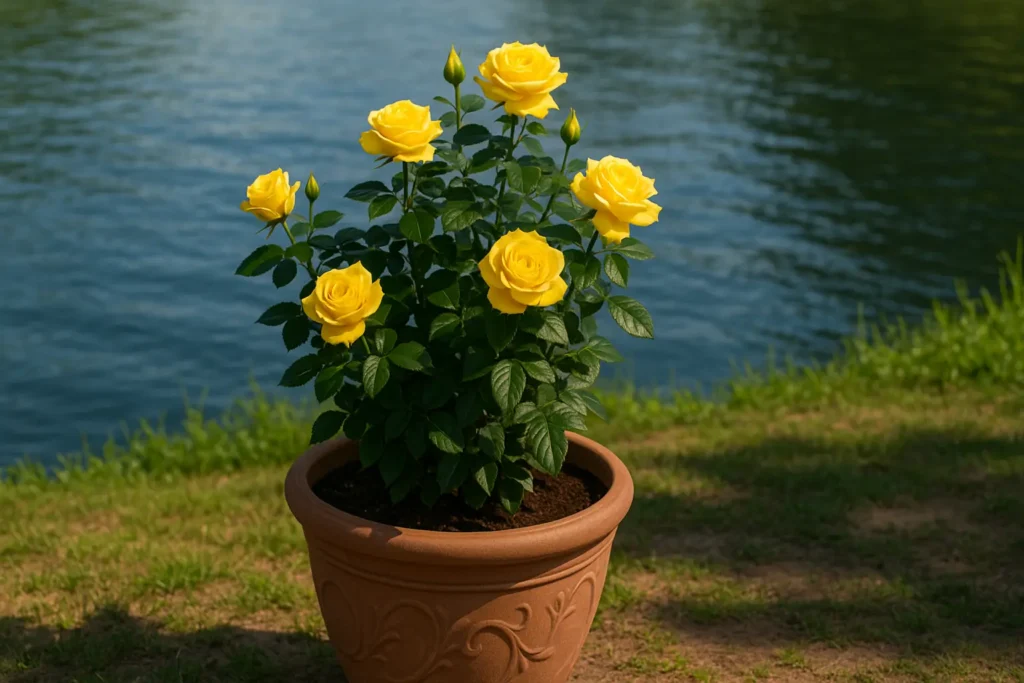 Yellow rose bush planted in a decorative pot by a waterfront, perfect spot in partial sun