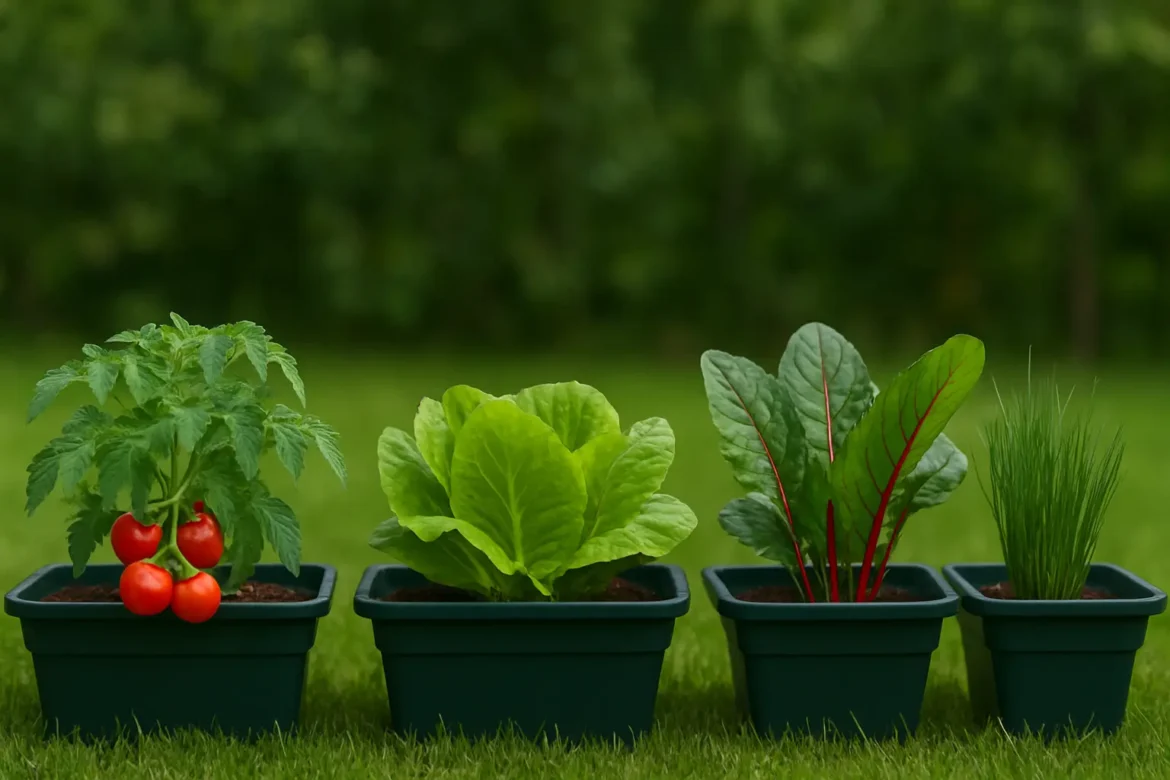 Container gardening setup on a balcony with various vegetables like tomatoes, lettuce, and herbs growing in pots, showcasing how container gardening makes small spaces productive and green