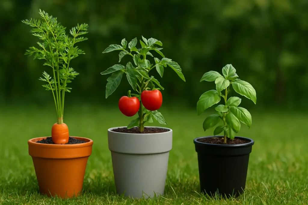 Three potted plants—carrot, tomato, and basil—arranged on a grassy lawn, illustrating container gardening with suitable root vegetables, fruiting vegetables, and herbs.